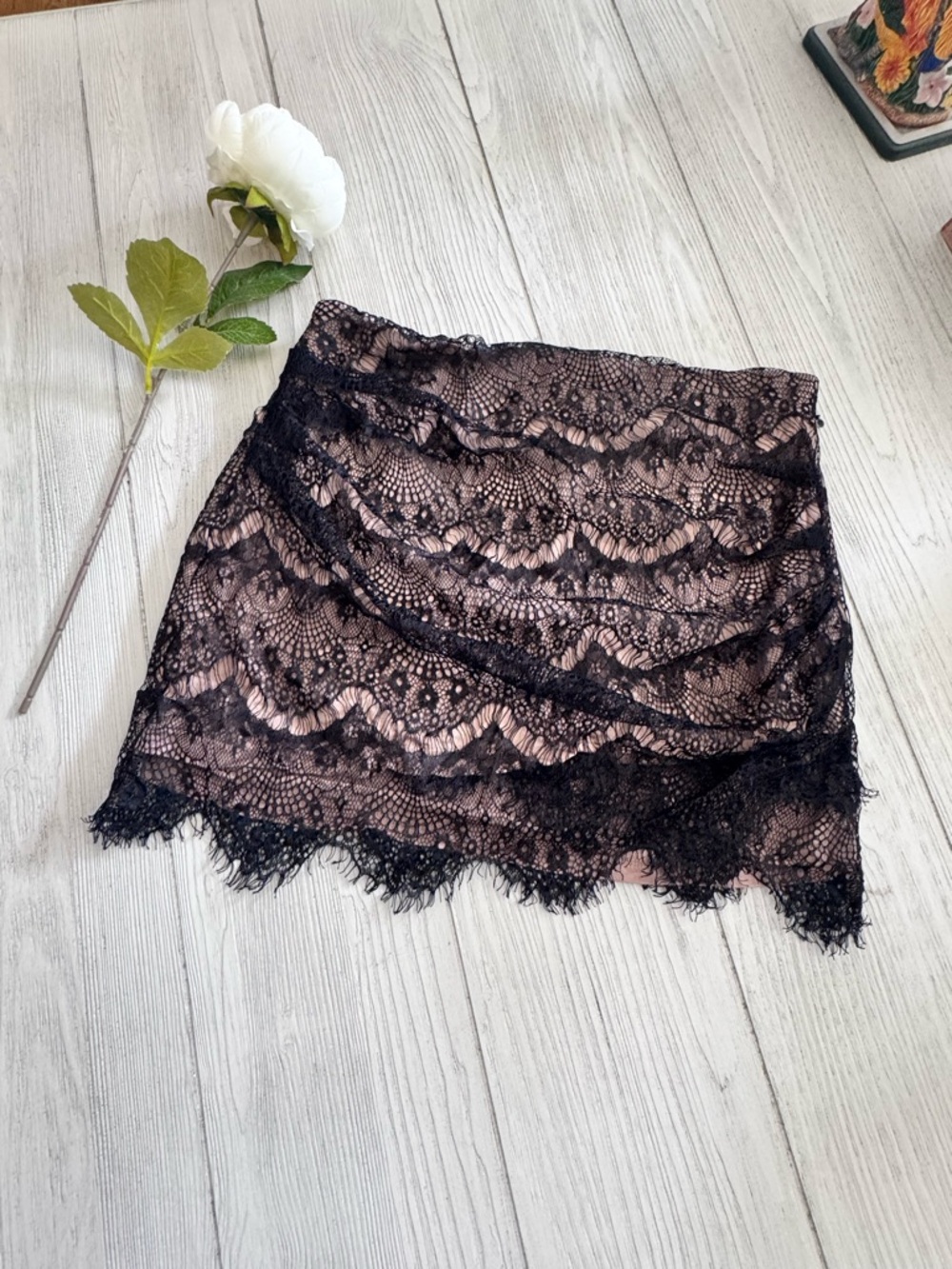 Free People Black Lace Mini Skirt with Nude Lining